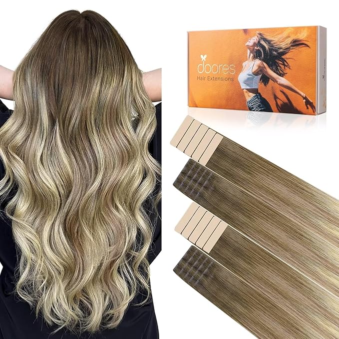 DOORES Invisi Edge Tape in Human Hair Extensions, Walnut Brown to Ash Brown and Bleach Blonde 10 Injection Tape-ins with 10 Classic Tape-ins 50g 24 Inch, Injected Tape in Extensions
