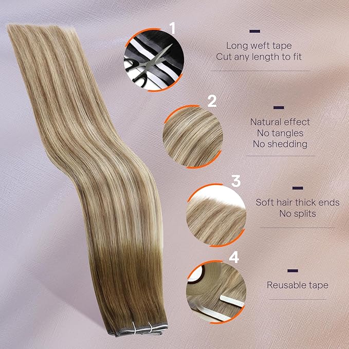 Full Shine Genius Weft Hair Extensions Human Hair Color 8 Ash Brown Ombre 60 Blonde And 18 Dark Ash BLonde Invisible Skin Weft Tape in Extensions Long Tape Weft 20 Inch A Piece 50G for Daily Wear