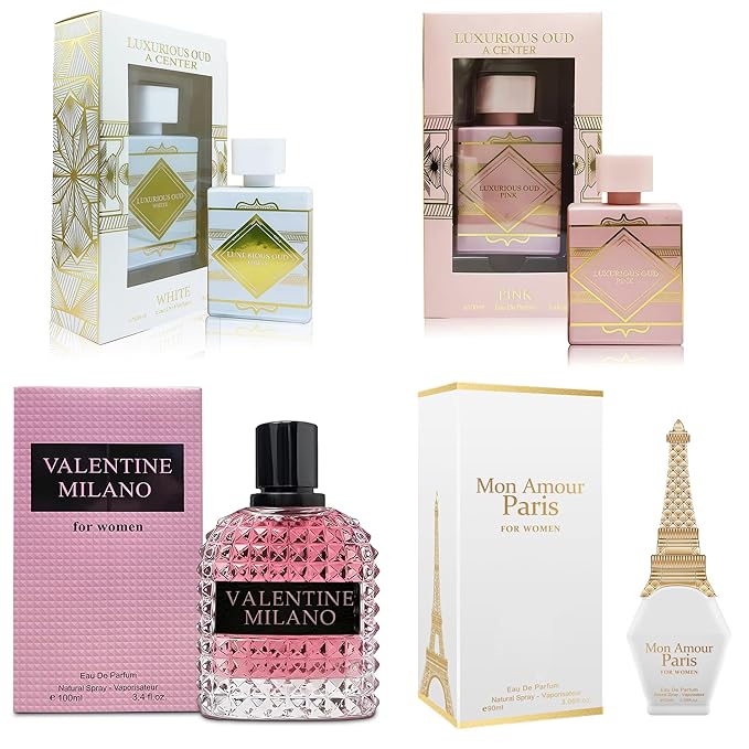 4PCS Perfume Set for Women - Floral Fragrance Gift Set with Vanilla,Sweet Fruity, Eau De Parfume| 3.4 Fl Oz Each Women's Cologne(Valentine Milano,Mon Amour Paris,Luxurious Pink/White)