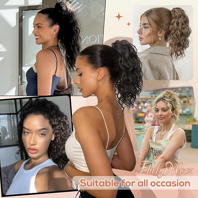Flufymooz Ponytail Extension, 12" Short Claw Ponytail Extension Wavy Curly Jaw Clip in Pony Tail Hairpiece Natural Synthetic Hairpiece for Women (Brown Ash Blonde)