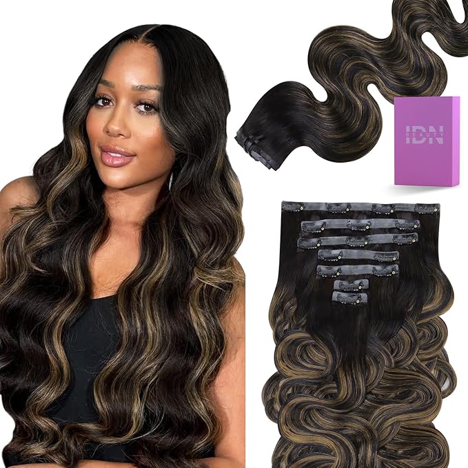 IDN BEAUTY Seamless Clip In Hair Extensions Human Hair, Body Wave 24 Inch 110g 7pcs, 1B/6/1B Balayage Natural Black to Chestnut Brown Remy Hair Seamless Clip Ins For Black Women PU Invisible Edge