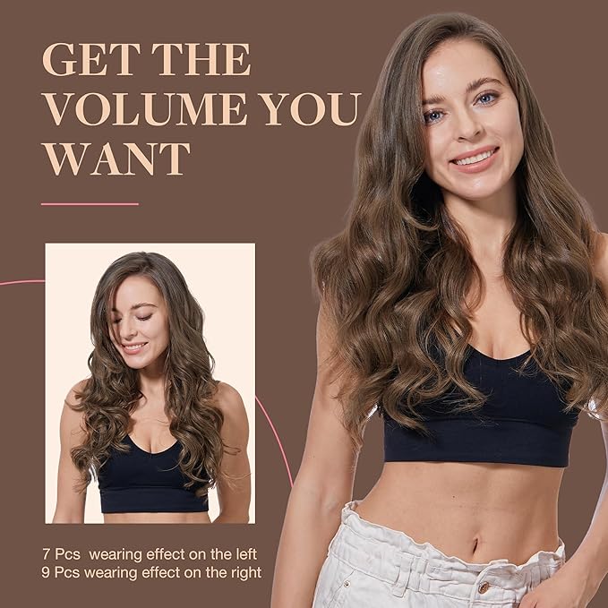 GOO GOO Clip in Hair Extensions Real Human Hair, Remy Human Hair Extensions Clip ins for Women, Natural Human Hair, 24inch 150g 9Pcs, #5 Light Ash Brown