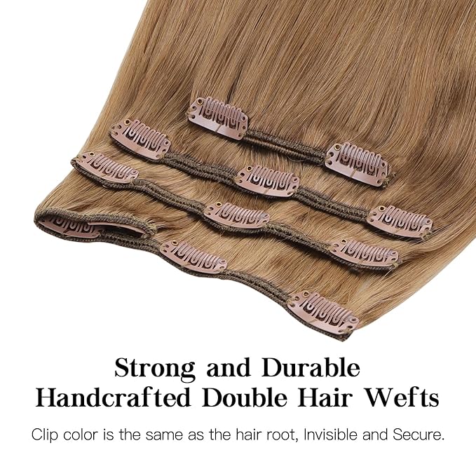 HOTBANANA Human Hair Clip in Hair Extensions, Bronde 120g Clip in Hair Extensions Real Human Hair Straight Remy Hair Clip in Hair Extensions 16 Inch 7pcs