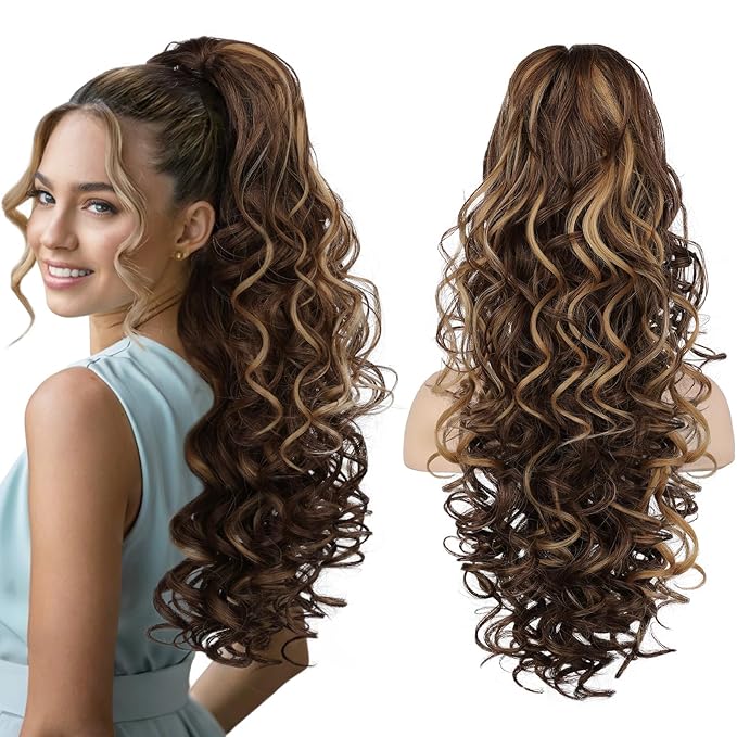 SEIKEA Ponytail Extension, 24" Fluffy Long Wavy Curly Claw Clip Hair Extensions Ponytail Multi-layered Clip in Fake Pony Tails Natural Soft Synthetic Hairpiece Chocolate Brown with Blonde Highlights
