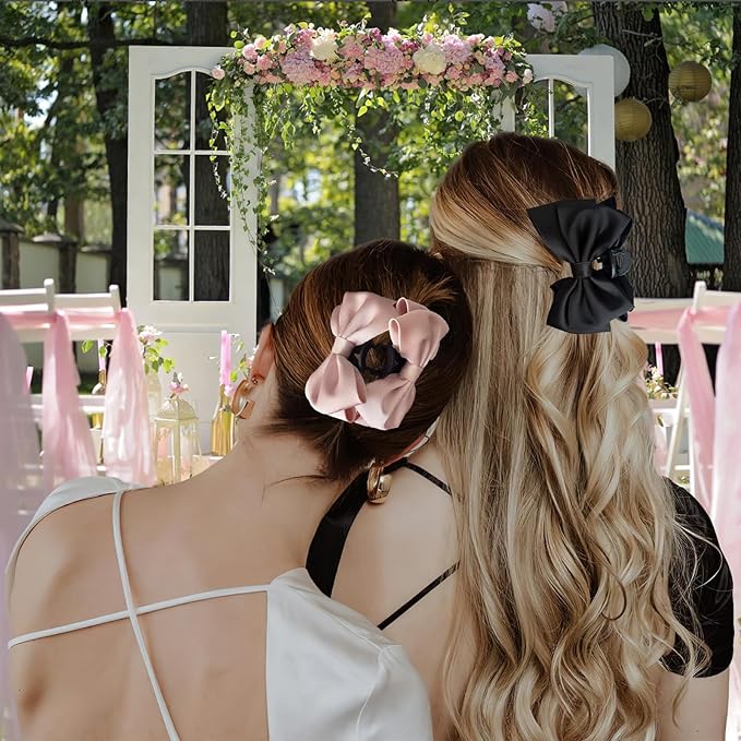 Bow Claw Clip,StrongHold Cute Bow Hair Claw Clips for Women Girls,Nonslip Silky Big Hair Bows Ribbons for Hair Claws,Large Claw Clips for Thick/Thin Hair Styling Accessories Gifts (pink,black)
