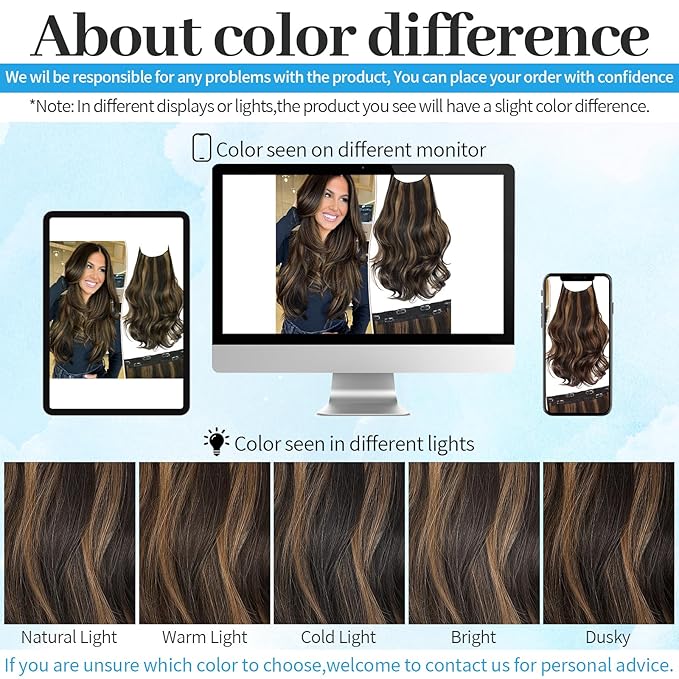 KooKaStyle Invisible Wire Hair Extensions Long Straight Layered Synthetic with Transparent Wire Adjustable Size 6 Secure Clips Hairpieces for Women 20 Inch (20 Inch, Balayage Dark Brown to Chestnut)