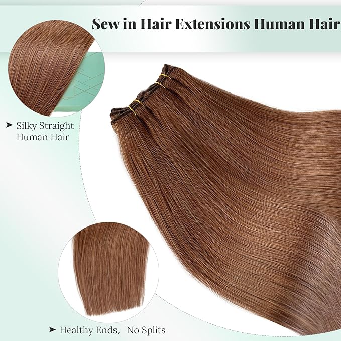 Auburn Weft Hair Extensions, 12 Inch 80G Sew in Hair Extensions Real Human Hair Brown Hand Tied Hair Wefts Double Weft Straight Colored Remy Human Hair Bundle Sew in