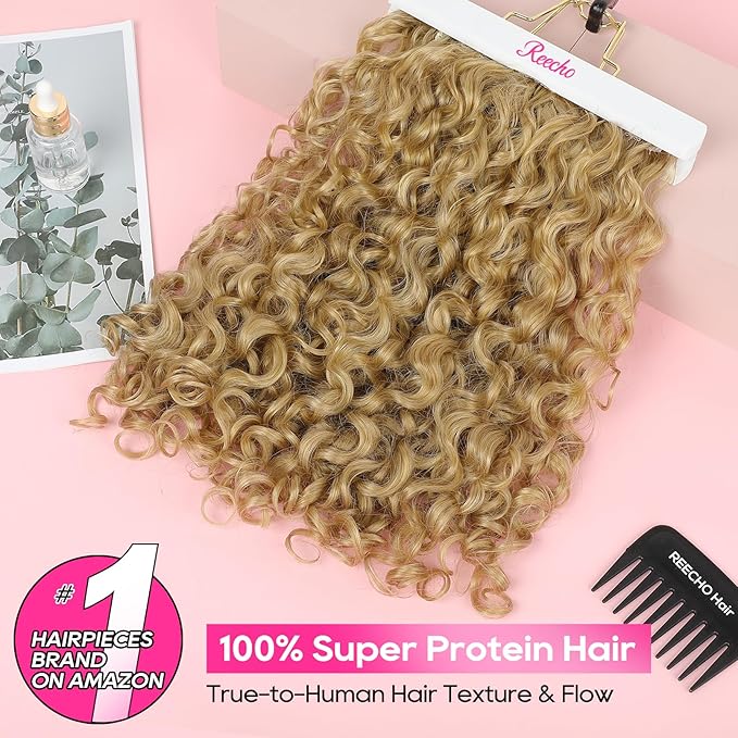 REECHO Curly Hair Extensions - 4PCS 18" GoGo Curly Clip in Hair Extensions 100% Super Protein Hairpieces with Invisible Lace Weft Silky Soft Natural Look for Women - Honey Blonde