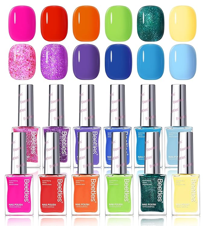 Beetles Quick Dry Neon Nail Polish Set - Glitter Rainbow Nail Polish Set 12 Colors Regular Air Dry Fingernail Polishs Pack for DIY Nail Art Salon Home Women Christmas Gift