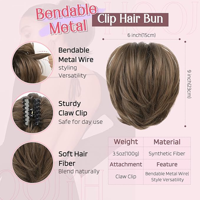 HOOJIH Messy Bun Hair Piece, Claw Clip in Straight Hair Bun 9 Inch Short Ponytail Extension with Bendable Metal Wire Hair Pieces for Women Fake Hair Bun DIY Styles - Ginger Medium Brown