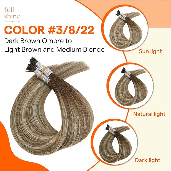 Full Shine Itip Human Hair Extensions Medium Brown to Ash Brown and Honey Blonde 16 Inch 40 Grams I Tip Hair Extensions Human Hair Invisible Fusion Extensions Straight Hair