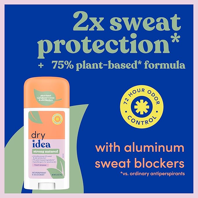 Dry Idea Plant Based Antiperspirant with Aluminum Sweat Blockers Invisible Solid Deodorant for Women – Fresh Breeze Scent, 2X Longer Sweat Protection, 72Hr Sweat & Odor Control for Sensitive Skin, 1pk