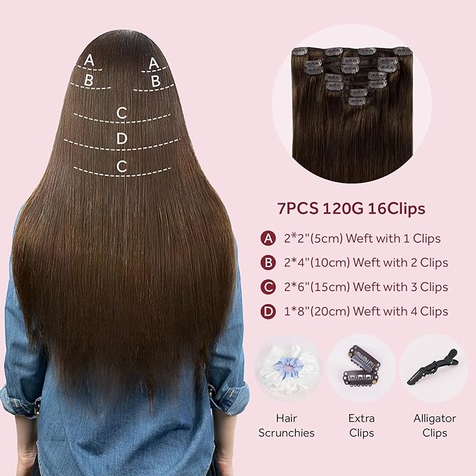 Clip in Hair Extensions Real Human Hair, 100% Remy Chocolate Brown Hair Extensions for Long Hair, Tangle-free&Shedding-free, #4 22Inch 120G 7PCS
