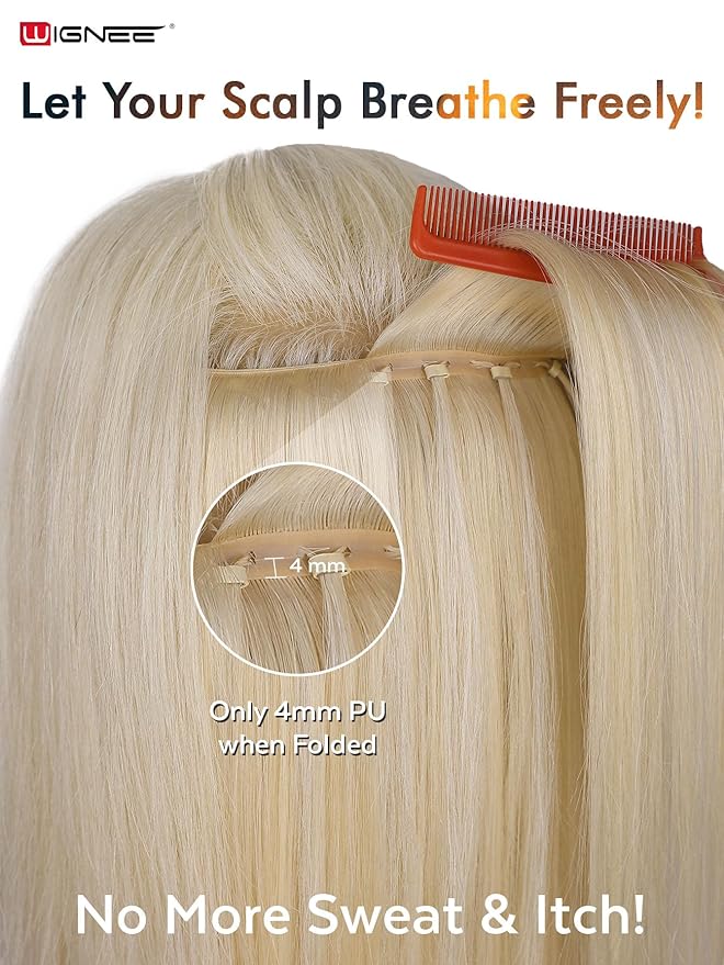 WIGNEE OVO Double Hand-Tied Butterfly Human Hair Extensions–20 Inch,100g,5PCS, Real Remy Human Hair, Glueless Micro Bead Install,Platinum Blonde Hair Extensions (60A) Seamless Soft Silky Reusable