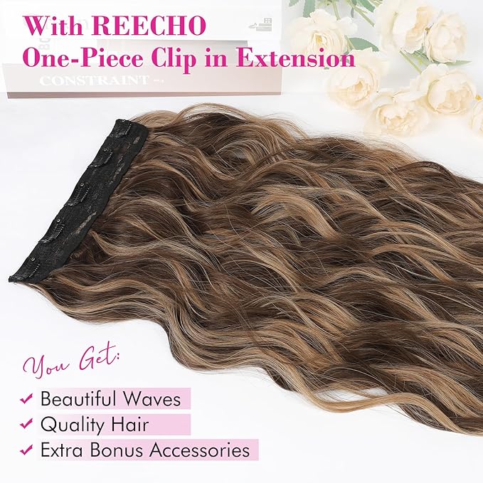 REECHO Clip in Hair Extensions, 20” One Piece Hair Extension Clip in Wefts Long Thick Beach Wavy Natural Soft Synthetic Hairpieces for Women, Chocolate Brown with Blonde Highlights