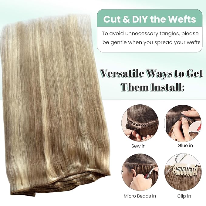 Sew in Hair Extensions Real Human Hair, Balayage Blonde Human Hair Bundles Sew in Hand Tied Hair Extensions Beige Blonde with Platinum Highlight Hair Wefts for Women 16 Inch 100G