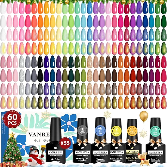VANREESA 60 Pcs Gel Nail Polish Set 55 Colors Spring Summer Fall Winter Gel Polish with Base Coat Glossy & Matte & Silver & Golden Top Coat Nail Kit Gifts for Women Girls Nail Art Salon at Home