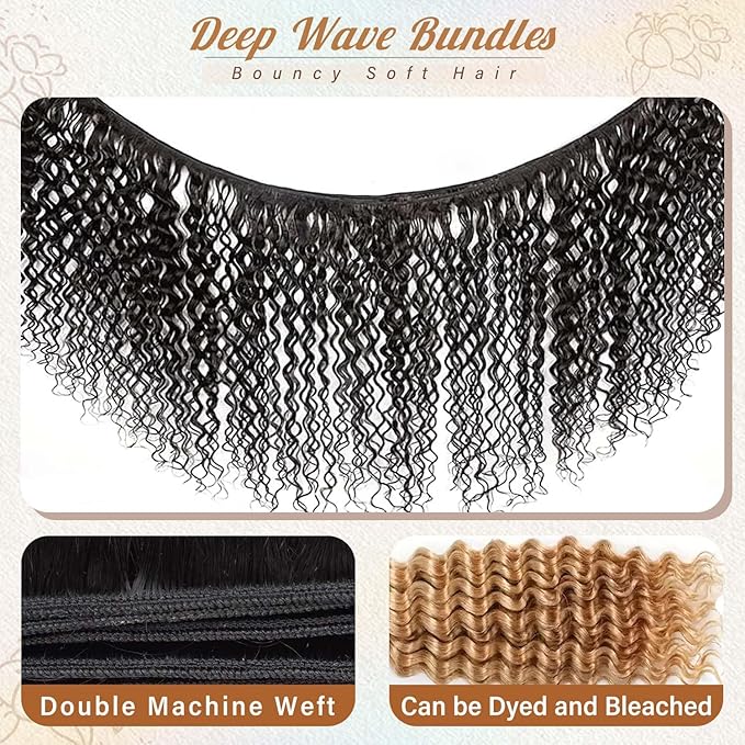 Deep Wave 4 Pcs Human Hair 100% Unprocessed Brazilian Virgin Remy Hair Bundles 12A Deep Curly Weave Human Hair Bundles Double weft Deep Wave Natural Black Color 24 26 28 30 lnch
