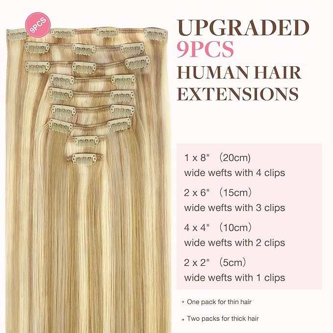 GOO GOO Clip in Hair Extensions Real Human Hair, Remy Human Hair Extensions Clip ins for Women, Natural Human Hair, 18inch 150g 9Pcs, 18D/22F Dirty Blonde Highlights