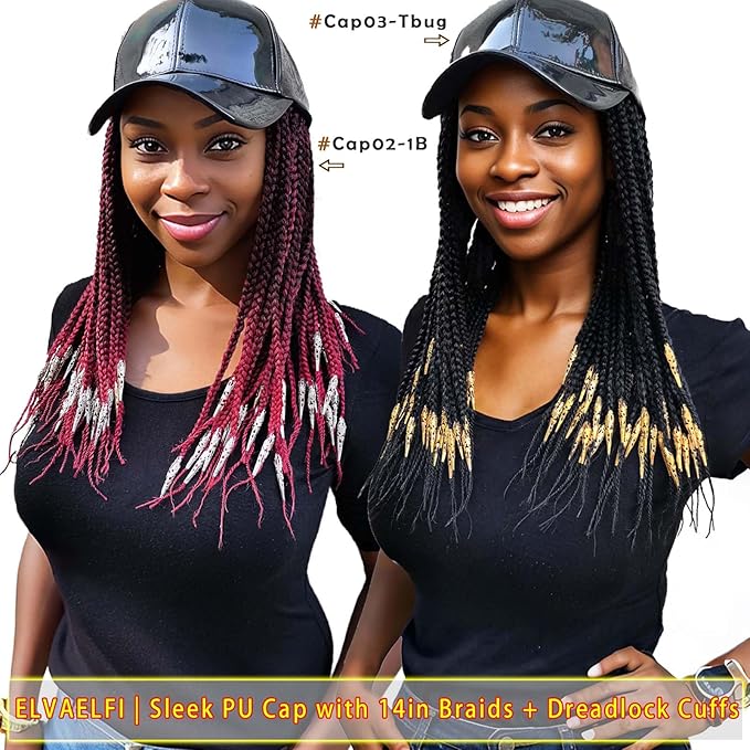 14" Box Braid Hair Extensions Burgundy w/Silver Clasps, PU Baseball Cap Wig for Women Girls Easy Wear
