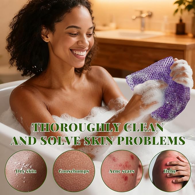 African Net Sponge Authentic, 3 Pieces Exfoliating Scrubber Bath Sponge for All Skin Types, Back Scrubber Loofah Washcloth for Shower, Gentle Exfoliation (Pink,Purple,Golden)