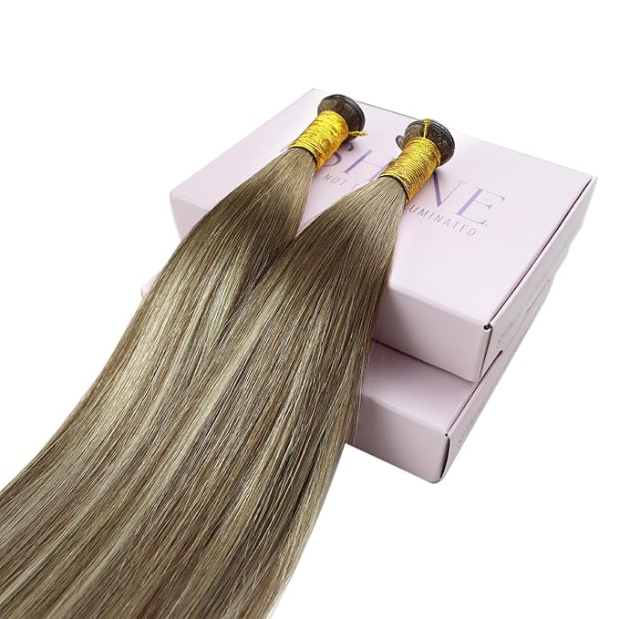Fshine Sew in Genius Weft Hair Extensions Human Hair Color Chestnut Brown Fading to Platinum Blonde Natural Hair Extensions 18 Inch Brazilian 50g Remy Hair for Women