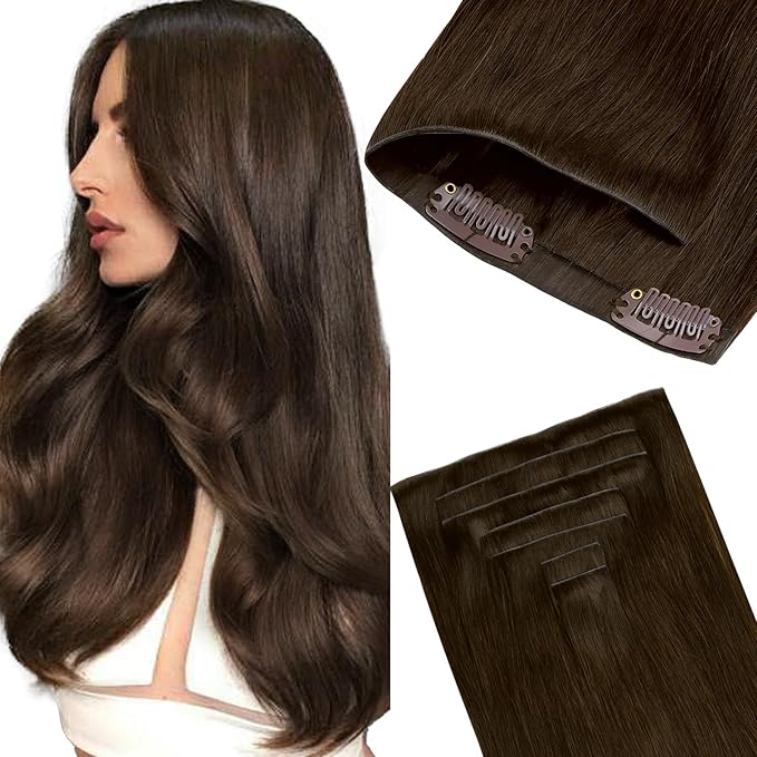 GOO GOO Invisi Edge Clip in Hair Extensions 22inch 140g 7Pcs Injected Seamless PU Clip in Hair Extensions, Virgin Real Human Hair, #4A Chocolate Brown