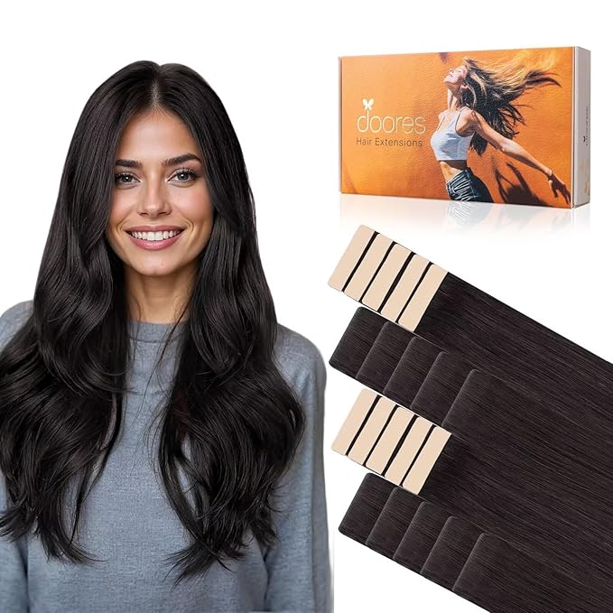 DOORES Invisi Edge Tape in Hair Extensions Human Hair, Natural Black 10 Injection Tape-ins with 10 Classic Tape-ins 50g 22 Inch, Injection Tape in Extensions Virgin Human