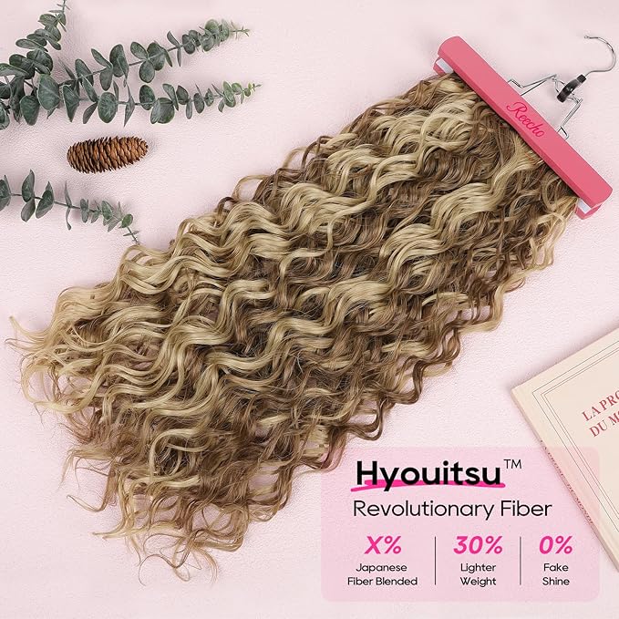 REECHO Curly Hair Extensions, 4PCS 24 inch Clip in Hair Extensions Lace Weft Short Curly Extensions Clip Ins Invisible Natural Hairpieces for Women, Light Brown with Blonde Highlights