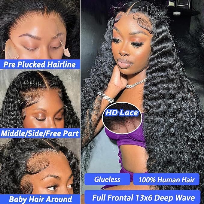 Manorshen 22 Inch Deep Wave Lace Front Wigs Human Hair 180% Density 13x6 HD Transparent Glueless Pre Plucked Deep Curly Wig Wet and Wavy Human Hair Wigs for black Women with Baby Hair