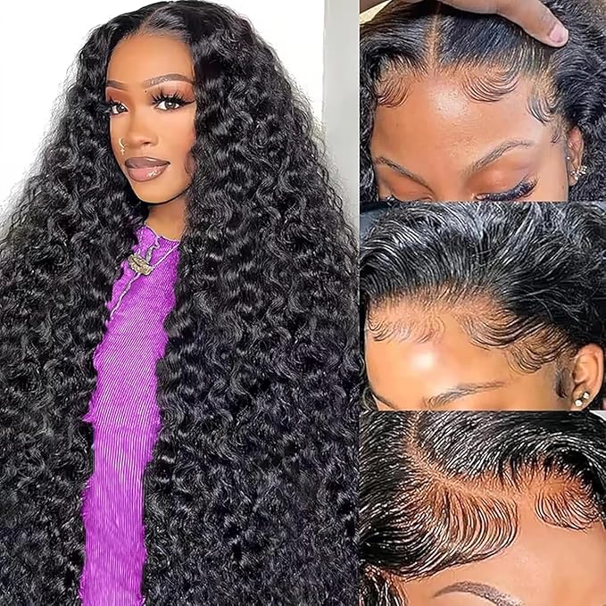 28 Inch 13x6 Lace Front Wigs Human Hair Water Wave 200 Density 13x6 HD Full Lace Frontal Wigs Pre Plucked Wet and Wavy Glueless Deep Curly Human Hair Wigs for Women Natural Black