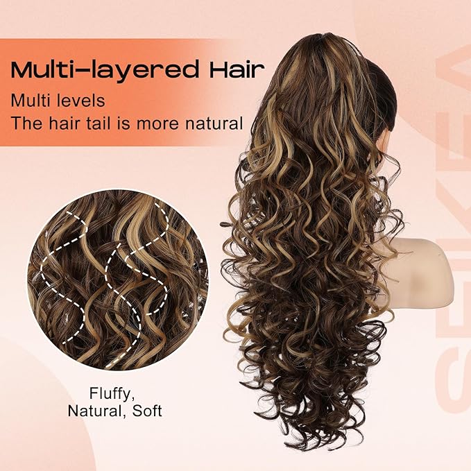 SEIKEA Ponytail Extension, 24" Fluffy Long Wavy Curly Claw Clip Hair Extensions Ponytail Multi-layered Clip in Fake Pony Tails Natural Soft Synthetic Hairpiece Chocolate Brown with Blonde Highlights