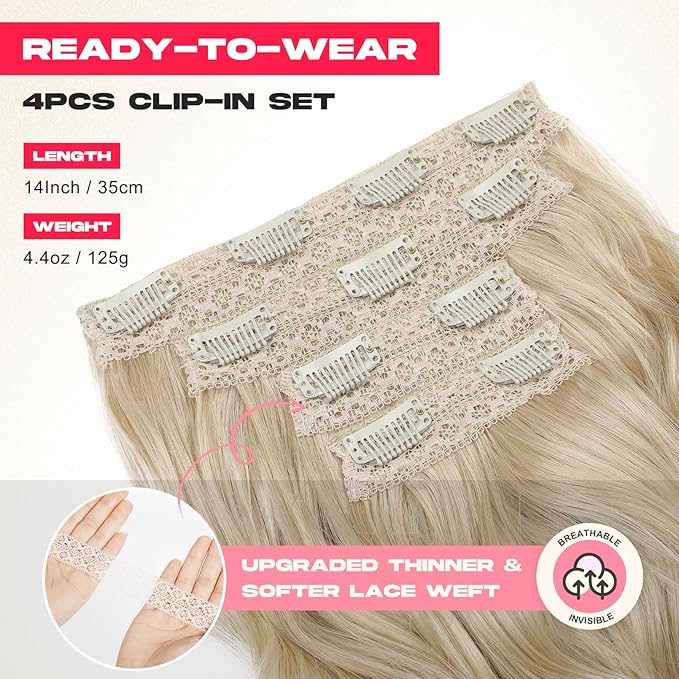 Hair Extensions, 14" Short Clip in Hair Extensions 4PCS Beach Wave Blonde Natural Soft Synthetic Hairpiece for Women - Natural Blonde