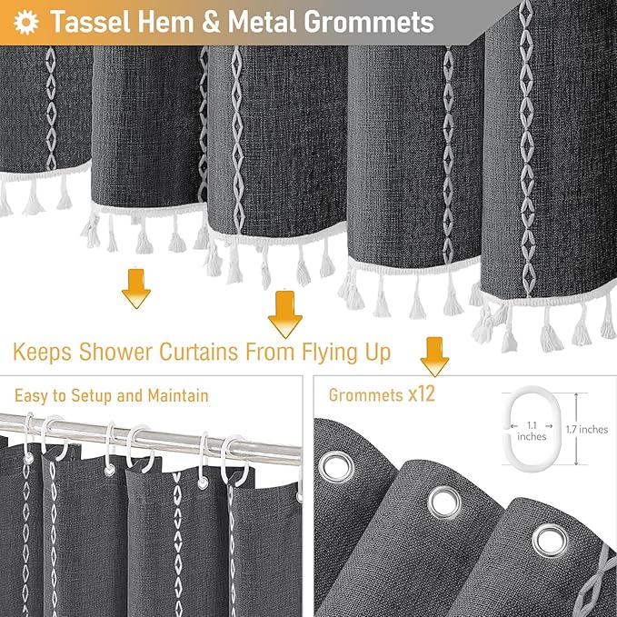 BTTN Boho Farmhouse Shower Curtain - Linen Rustic Heavy Duty Striped Fabric Shower Curtain Set, Bohemian Vintage Country Cloth Shower Curtains for Bathroom, Charcoal Grey, 72" W x 96" L (Pack of 1)