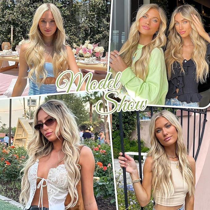 KooKaStyle Invisible Wire Hair Extensions with Transparent Headband Adjustable Size 4 Secure Clips Long Wavy Secret Wire Hairpiece 16 Inch for Women (Light Brown mix Platinum Blonde)