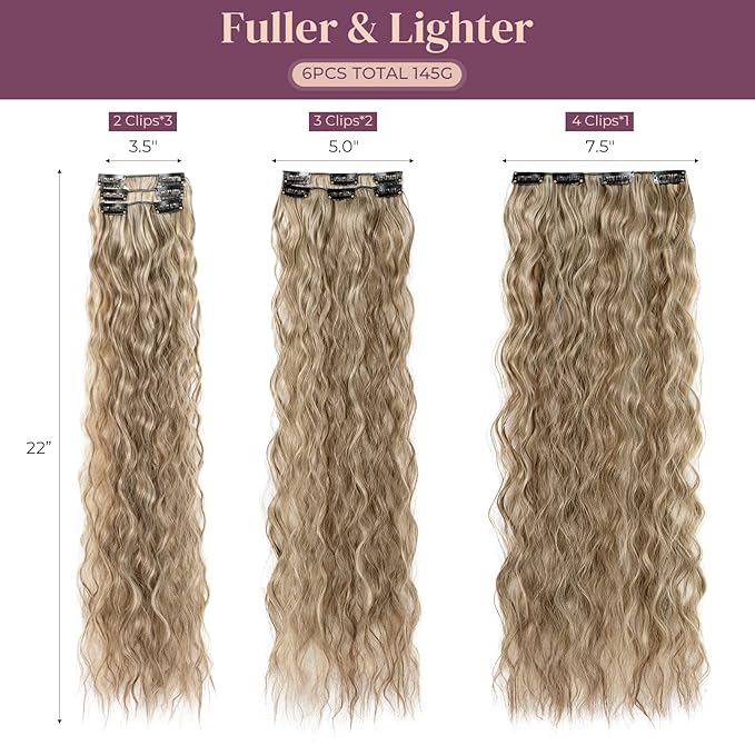 LONAI Clip In Hair Extensions, 6PCS Curly 24" Long Synthetic Clip On Hairpiece For Women Cool Brown with Blonde Highlights