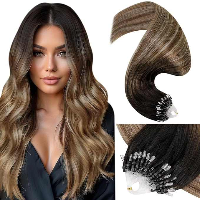 LaaVoo Microlink Hair Extensions Human Hair Brown Micro Loop Hair Extension Real Human Hair Darkest Brown to Medium Brown with Ash Brown Micro Ring Extensions Cold Fusion 50g 50s 18 Inch