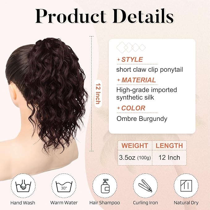 Flufymooz Ponytail Extension, 12" Short Claw Ponytail Extension Wavy Curly Jaw Clip in Pony tails Hair Extension Natural Synthetic Hairpiece for Women (Ombre Burgundy)