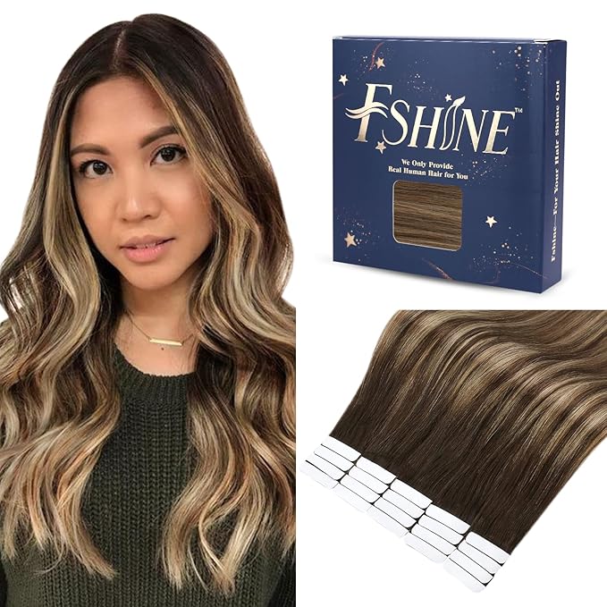 Fshine Tape in Hair Extensions Remy Human Hair,Balayage Medium Brown with Platinum Blonde, 12 Inch 30 g, Silky Straight with Thick Ends,Designed to Boost Volume & Length