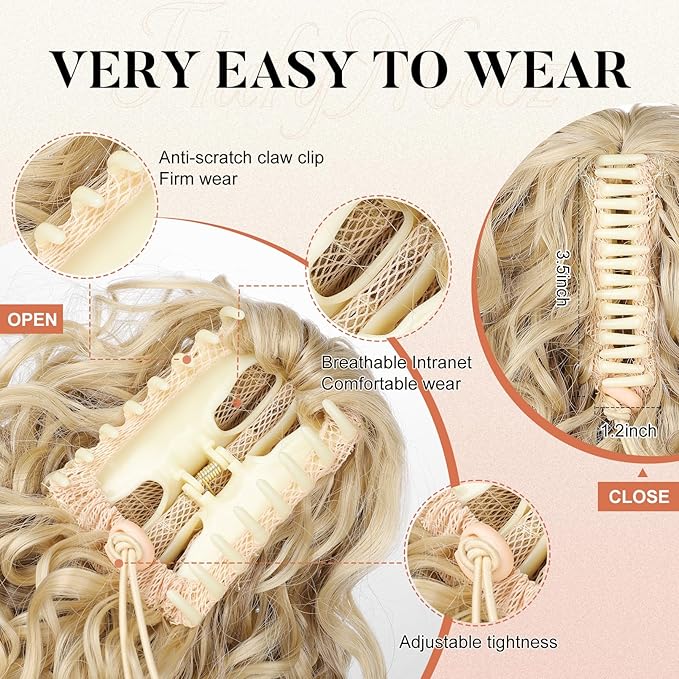 Flufymooz Ponytail Extension, 12" Short Claw Ponytail Extension Wavy Curly Jaw Clip in Pony tails Hair Extension Natural Synthetic Hairpiece for Women (Ash Blonde with Highlight)
