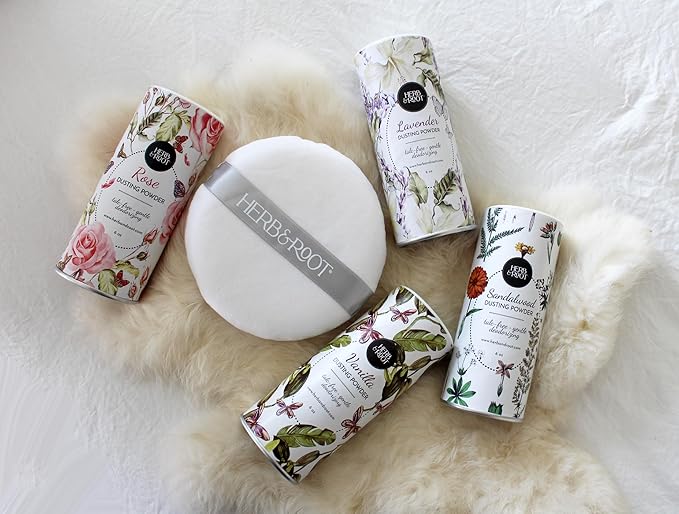 Herb & Root Talc Free Body Dusting Powders. Rose, Vanila, Sandalwood, Lavender, Jasmine, and Gift Sets (Full Size, Vanilla)