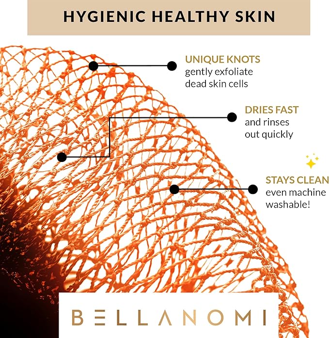 BELLANOMI 4 Piece African Exfoliating Net Sponge Long African Bath Sponge, Authentic Ethically Sourced from Nigeria, Great for Daily Use (Key Lime, Yellow, Orange, Lemon)