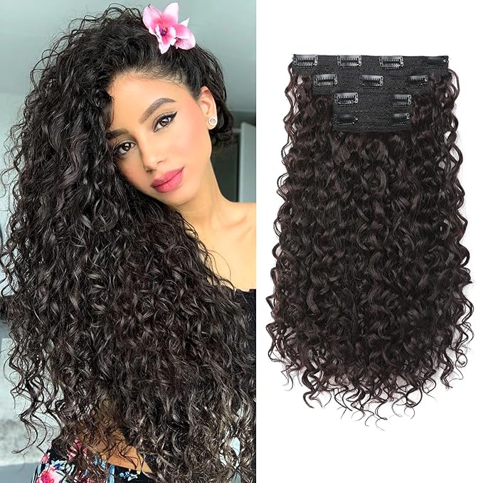 Clip in Hair Extensions, FLUFYMOOZ 4PC 100％ Pure Protein Silk Hair Extensions Long Soft Natural Hairpiece 16 Inch Curly Hair Extension for Women (Dark Chocolate Brown)