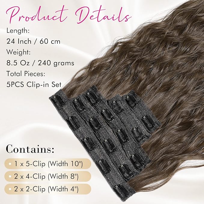 REECHO Hair Extensions, 5PCS Brown Clip in Hair Extensions 24" Thick Long Loose Waves hair extensions HE002 Invisible Lace Weft Natural Soft Hairpieces for Women – Chocolate Brown