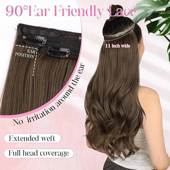 Invisible Wire Hair Extensions with Transparent Wire Adjustable Size 4 Secure Clips Long Wavy Secret Hairpiece 20 Inch for Women(Medium Ash Brown)
