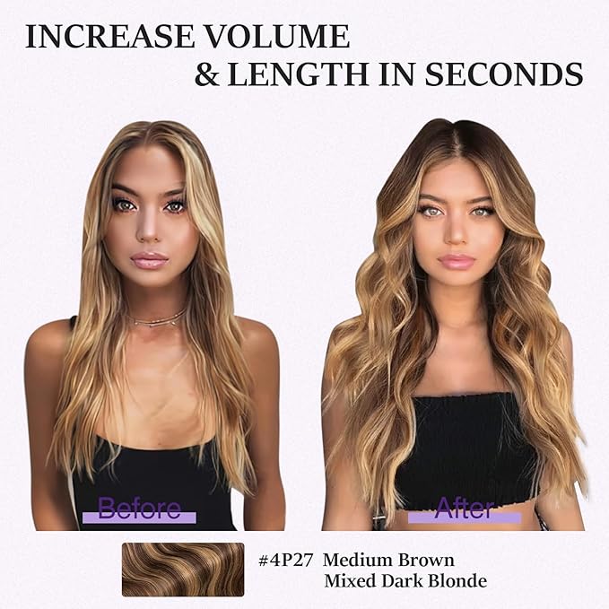 Halo Hair Extensions Real Human Hair,Halo Hair Extension 100% Human Hair,Wire Hair Extensions,Wavy 4P27 Medium Brown Mixed Dark Blonde 65g/18inch