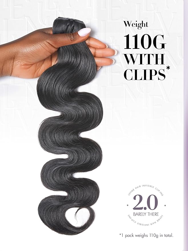 LUVME Invisible Clip in Hair Extensions Body Wave Real Human Hair, Remy Hair Clip ins for Women, Natural Human Hair, 14 inch 110g 6Pcs, Natural Black