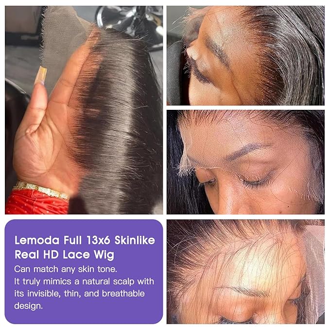 Lemoda Full 13x6 SKINLIKE Real HD Lace Frontal Wigs 210% Density 15A 28Inch Straight 13x6 Full Lace Frontal Virgin Human Hair Wigs Invisible 0.1mm Ultra-thin Knots Frayed Ends Lace Wig Natural Black