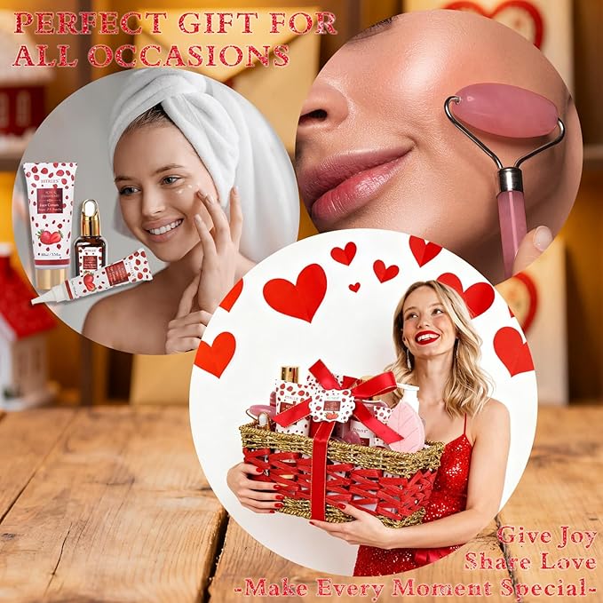 Red Gift Basket, Gift For Women, Gifts For Women Luxury Rose&Strawberry Spa Gift Set, Christmas 23PCS Gift Baskets ,Valentines Day Mothers Day Christmas Day Gift