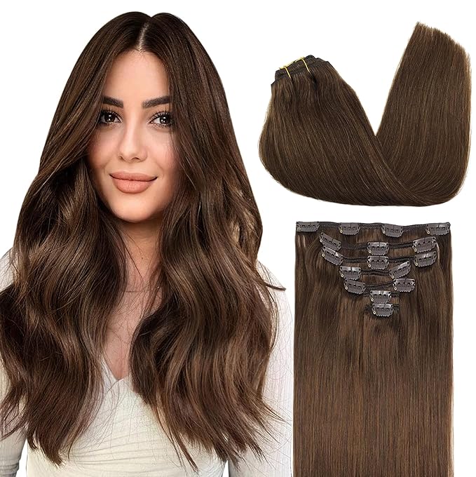GOO GOO Clip in Hair Extensions Real Human Hair, Remy Human Hair Extensions Clip ins for Women, Natural Human Hair, 24inch 120g 7Pcs, 4A Chocolate Brown